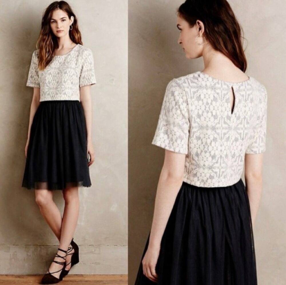 Anthropologie Weston Cream and Black Claira Laced Tulle Party Dress Size Medium